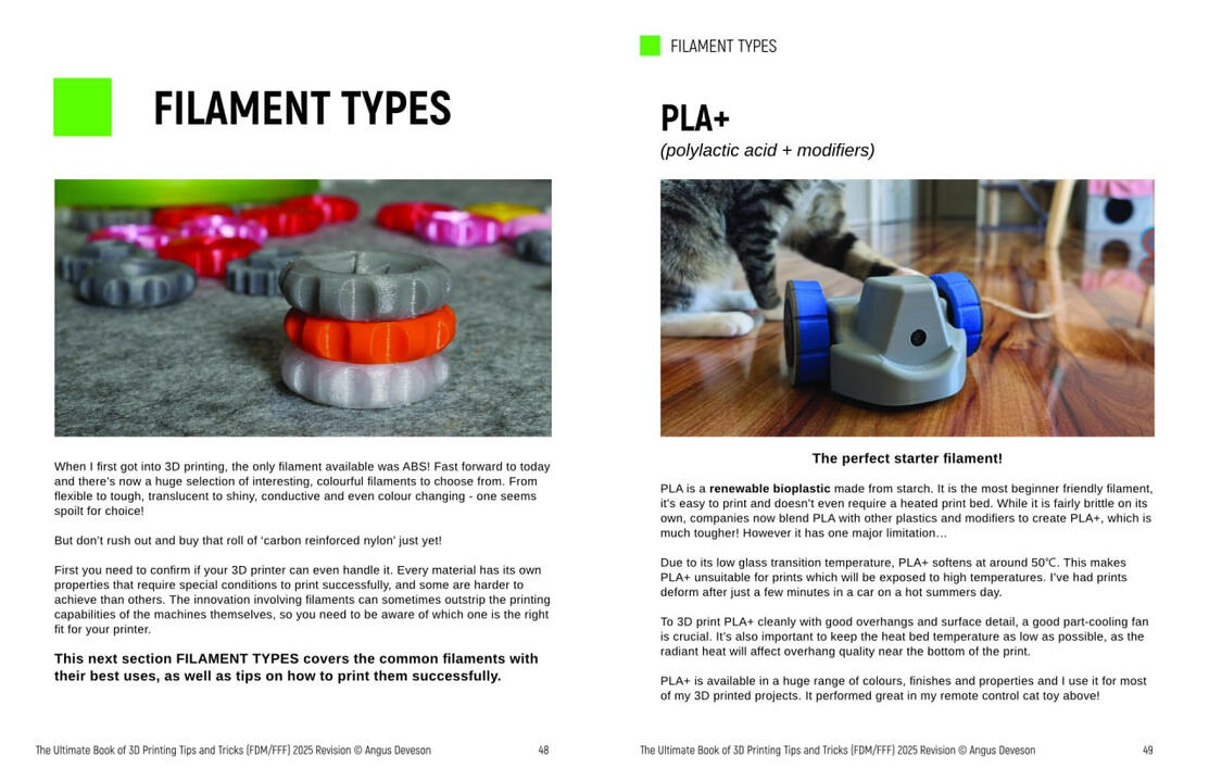 A preview of a page spread in Angus Deveson's e-book: "The Ultimate Book of 3D printing Tips and Tricks, 2025 Revision". The information shown regards a chapter for Filament types (starting with the introduction and PLA+), breaking down their compositions